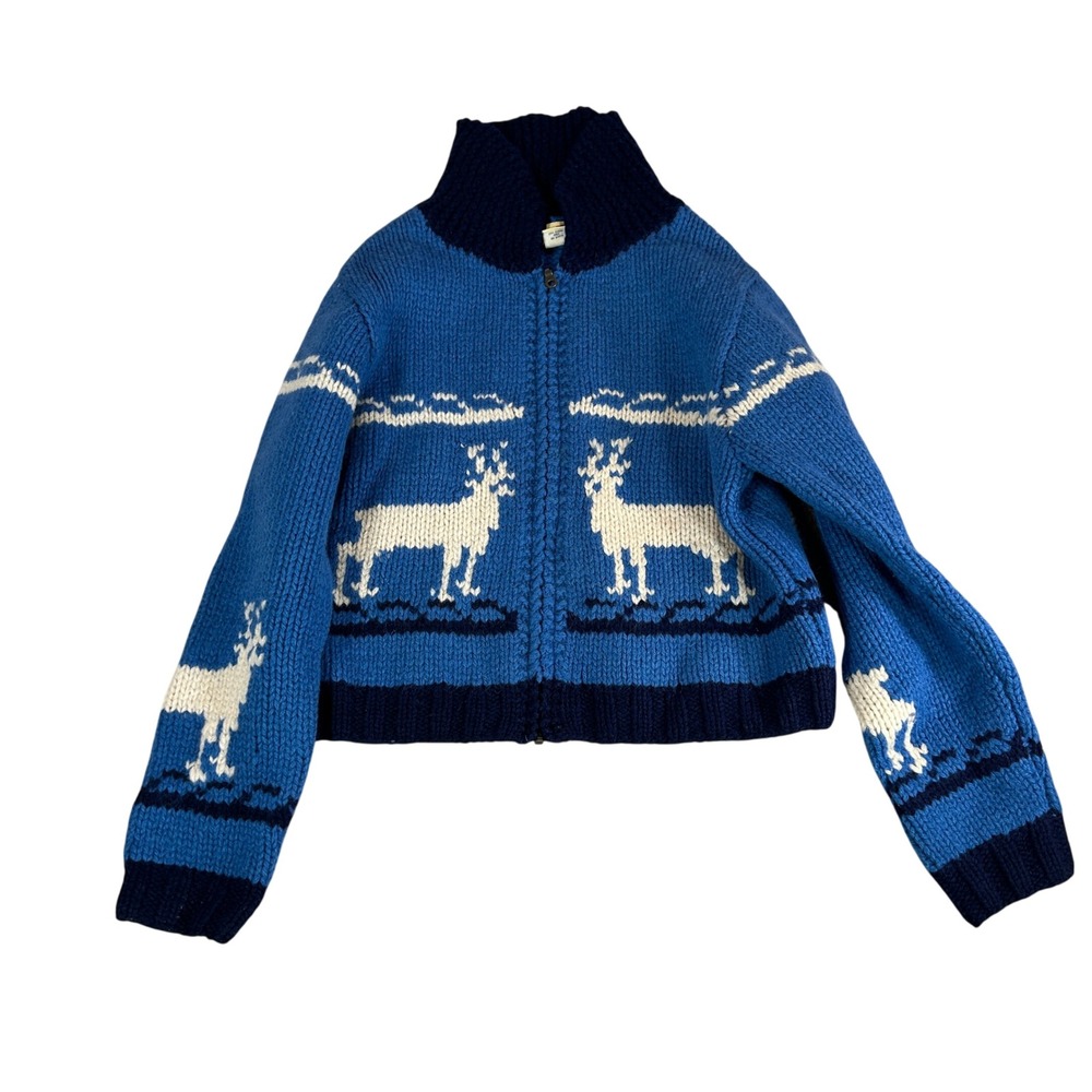 Limited America Womens Wool Reindeer Zip Up Cardigan Sweater Blue Mock Neck M